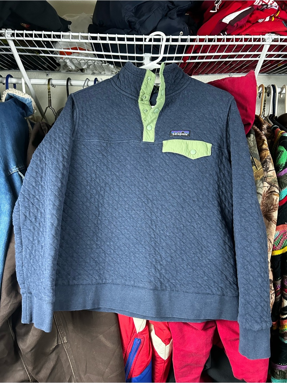 Patagonia Quilted Crewneck Pullover in Navy with Lime Accents